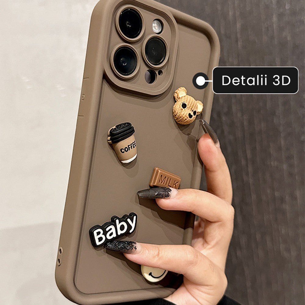Husa de Protectie, Vivimall, pentru Apple iPhone 14, Model Ursuleti 3D, Antisoc, Rezistenta la Impact, Protectie Camera, Maro - vivimall.ro