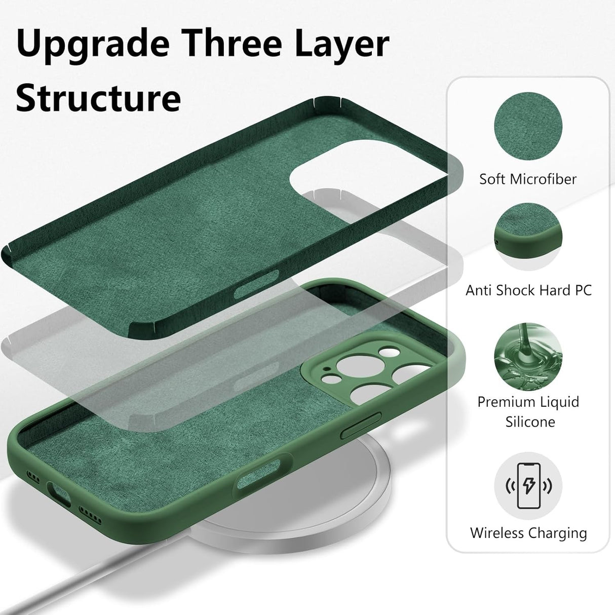 Husa de Protectie, Vivimall, pentru iPhone 16 Pro, Liquid Silicone, cu Microfibra pe Interior, Protectie Antisoc, Compatibil Incarcare Wireless, Verde - vivimall.ro
