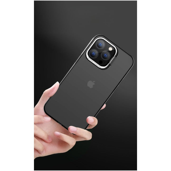 Husa de protectie pentru iPhone 14, cu suport metalic pentru camera, Bracket Series, Flippy, Protectie Antisoc, PC mat, silicon moale pe margini, Negru - vivimall.ro