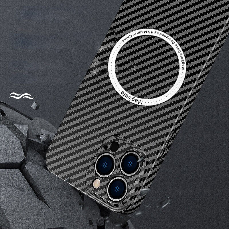 Husa de protectie pentru iPhone 14 Plus, Flippy, Magnetica, MagSafe, Carbon Fiber Protectie Antisoc, Negru - vivimall.ro