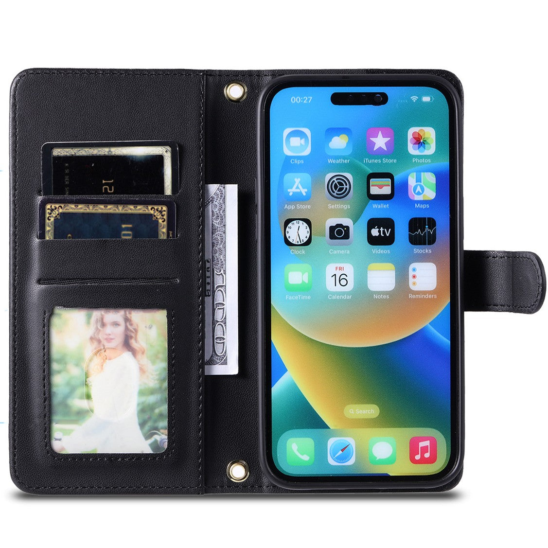 Husa de Protectie Tip Carte, Vivimall, pentru Apple iPhone 15, Model cu Suport si Capsa, Antisoc, Rezistenta la Impact, Protectie Camera, Negru - vivimall.ro