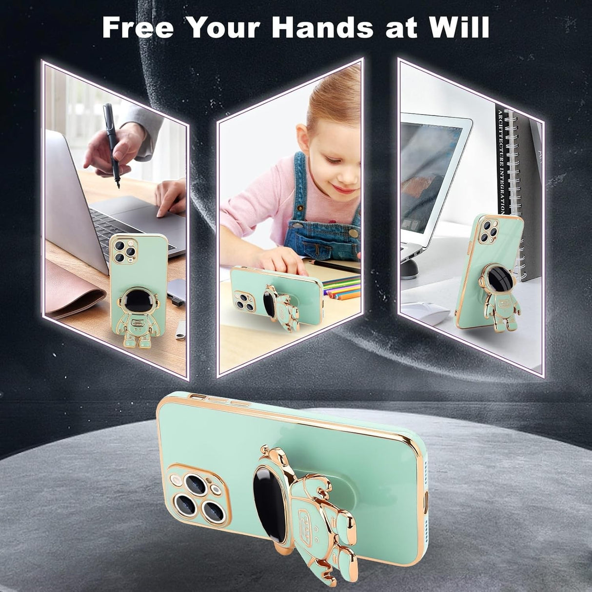 Husa de Protectie TPU 2in1, Vivimall, pentru Apple iPhone 14 Pro Max, Astronaut cu Suport, Antisoc, Rezistenta la Impact, Protectie Camera, Verde - vivimall.ro