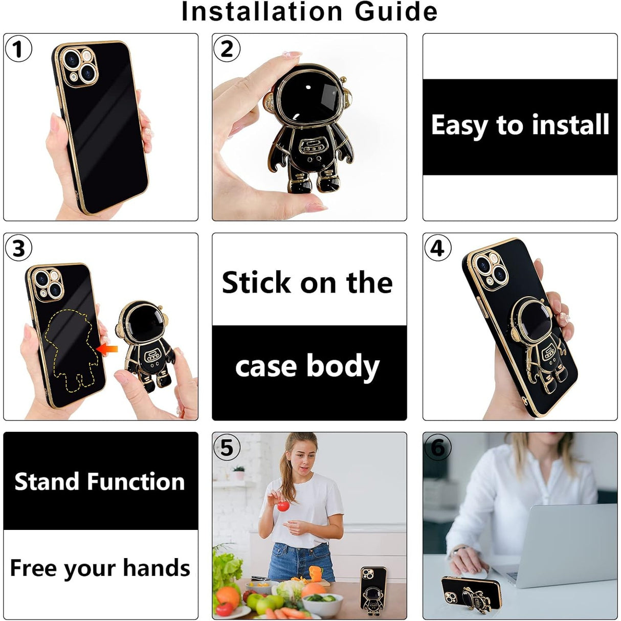 Husa de Protectie TPU 2in1, Vivimall, pentru Apple iPhone 15 Plus, Astronaut cu Suport, Antisoc, Rezistenta la Impact, Protectie Camera, Negru - vivimall.ro