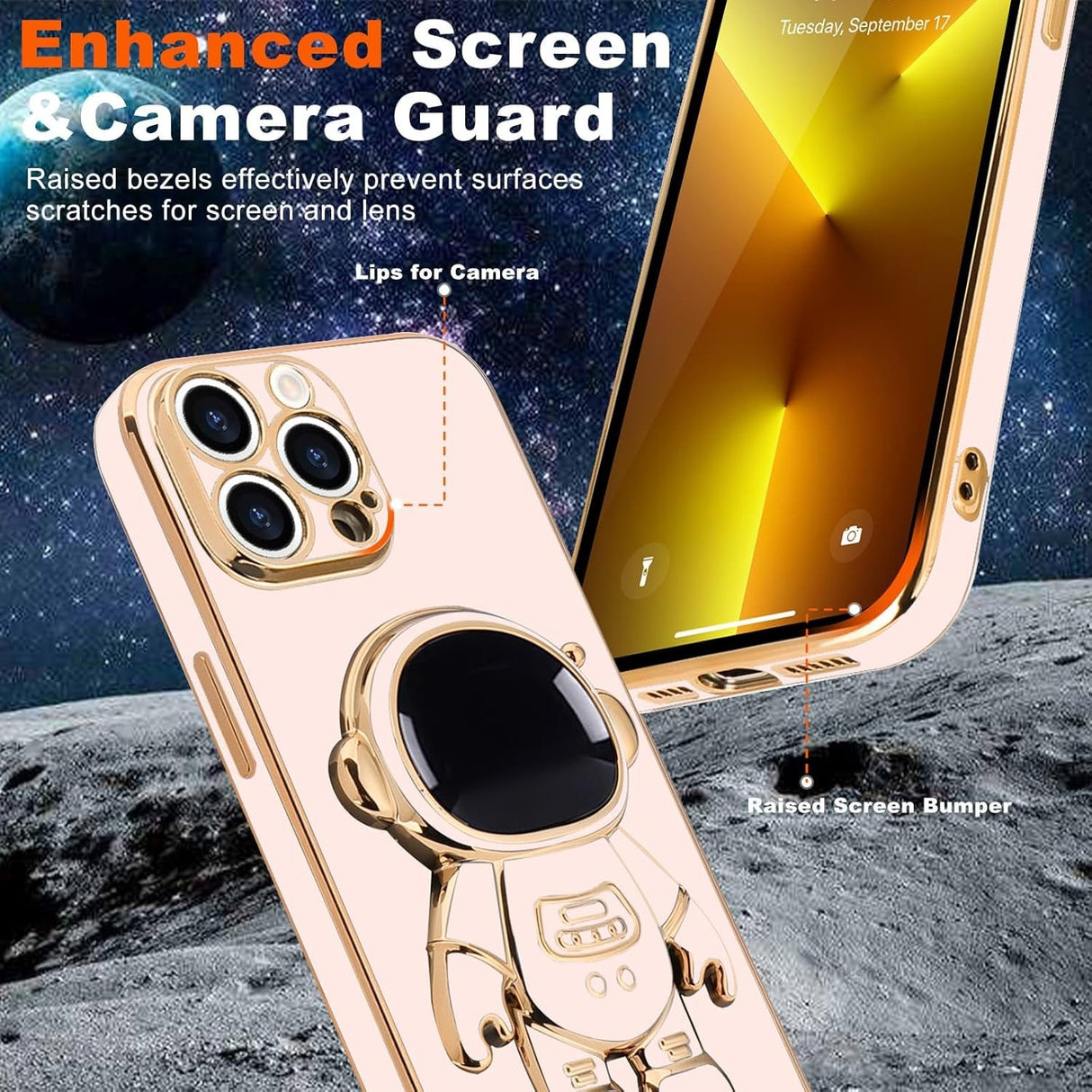 Husa de Protectie TPU 2in1, Vivimall, pentru Apple iPhone 15 Pro, Astronaut cu Suport, Antisoc, Rezistenta la Impact, Protectie Camera, Roz - vivimall.ro