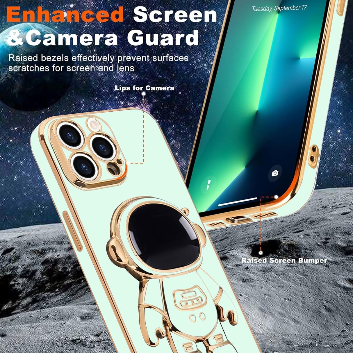 Husa de Protectie TPU 2in1, Vivimall, pentru Apple iPhone 15 Pro Max, Astronaut cu Suport, Antisoc, Rezistenta la Impact, Protectie Camera, Verde - vivimall.ro