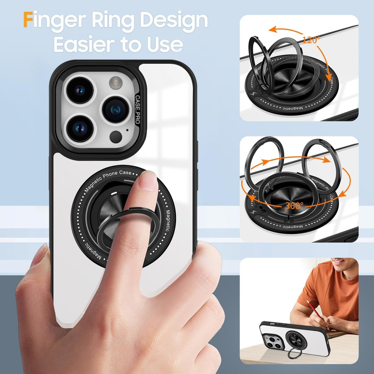 Husa de Protectie TPU, Vivimall, pentru iPhone 16 Pro, Anticadere, cu Incarcare Wireless, Tehnologie Magsafe, Inel Magnetic Rotativ cu Functie de Suport, Transparent-Negru - vivimall.ro