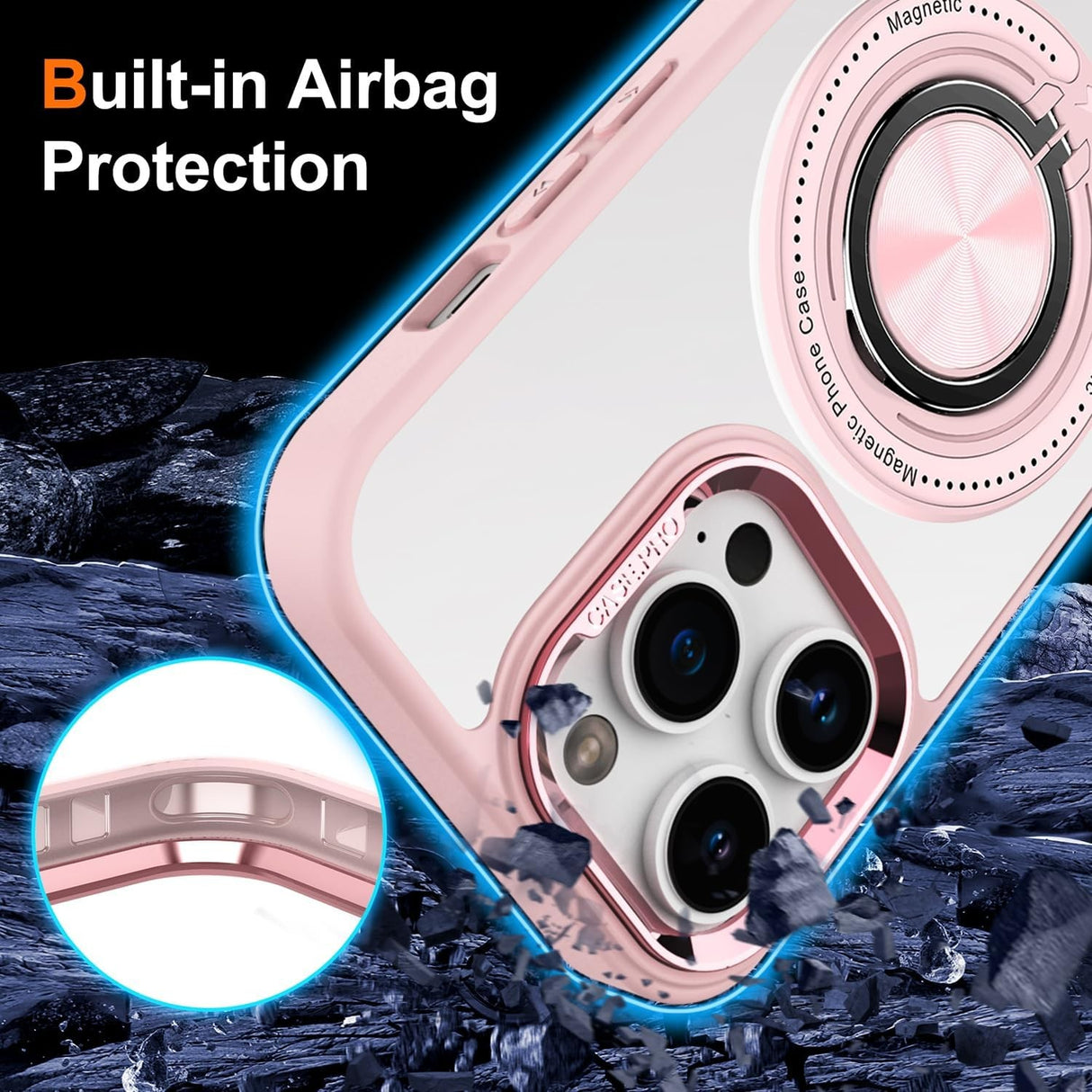 Husa de Protectie TPU, Vivimall, pentru iPhone 16 Pro, Anticadere, cu Incarcare Wireless, Tehnologie Magsafe, Inel Magnetic Rotativ cu Functie de Suport, Transparent-Roz - vivimall.ro