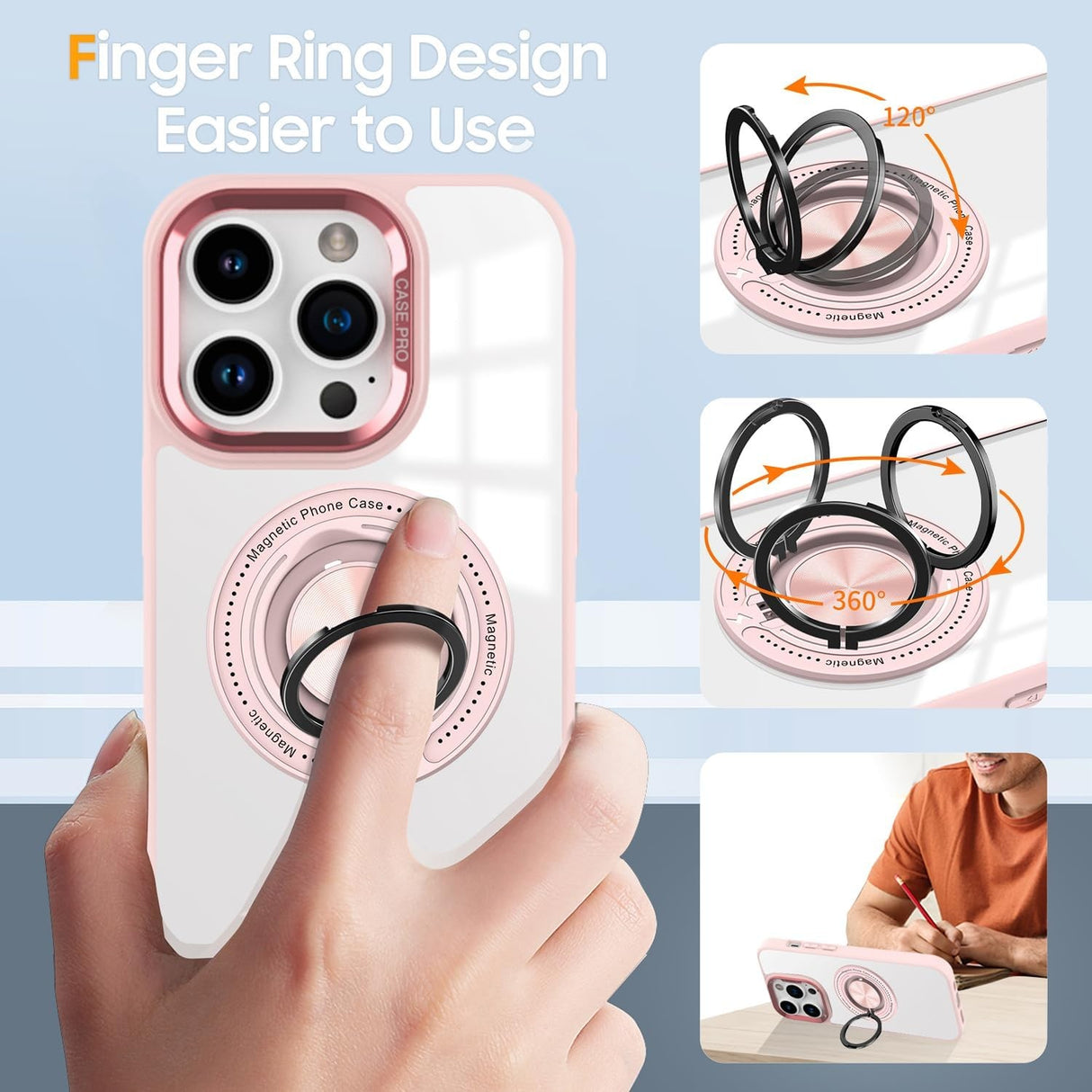 Husa de Protectie TPU, Vivimall, pentru iPhone 16 Pro, Anticadere, cu Incarcare Wireless, Tehnologie Magsafe, Inel Magnetic Rotativ cu Functie de Suport, Transparent-Roz - vivimall.ro