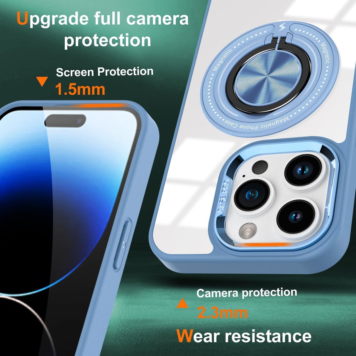 Husă iPhone 16 Pro transparentă cu suport integrat din inel rotativ, vedere laterală