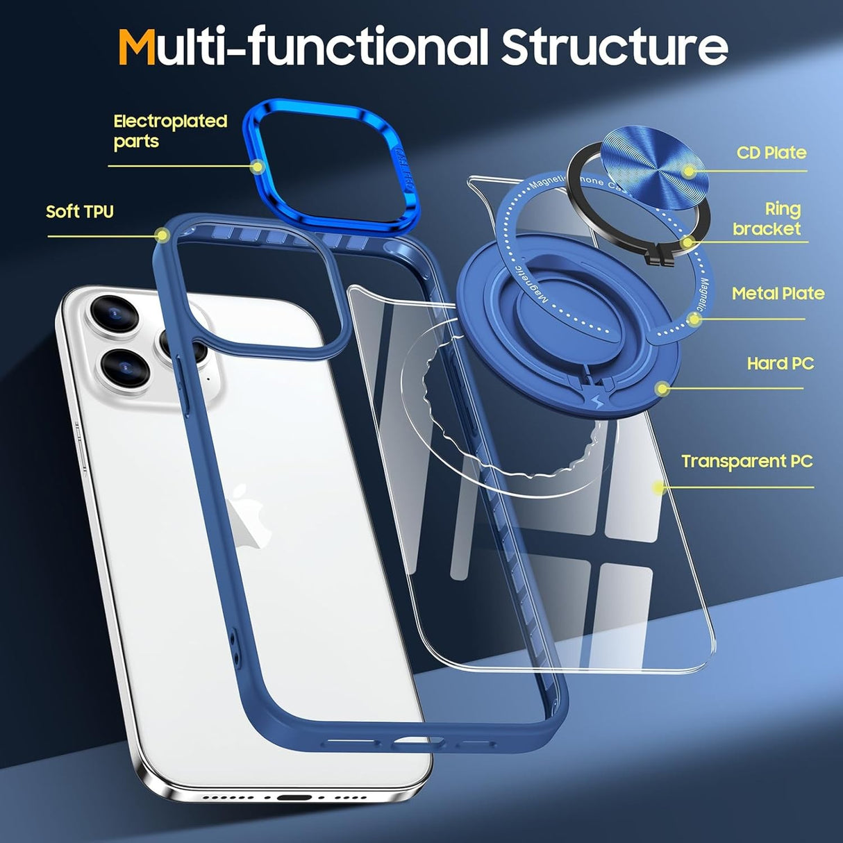 Husa de Protectie TPU, Vivimall, pentru iPhone 16 Pro Max, cu Incarcare Wireless, Tehnologie Magsafe, Inel Magnetic Rotativ cu Functie de Suport, Transparent-Albastru Inchis - vivimall.ro