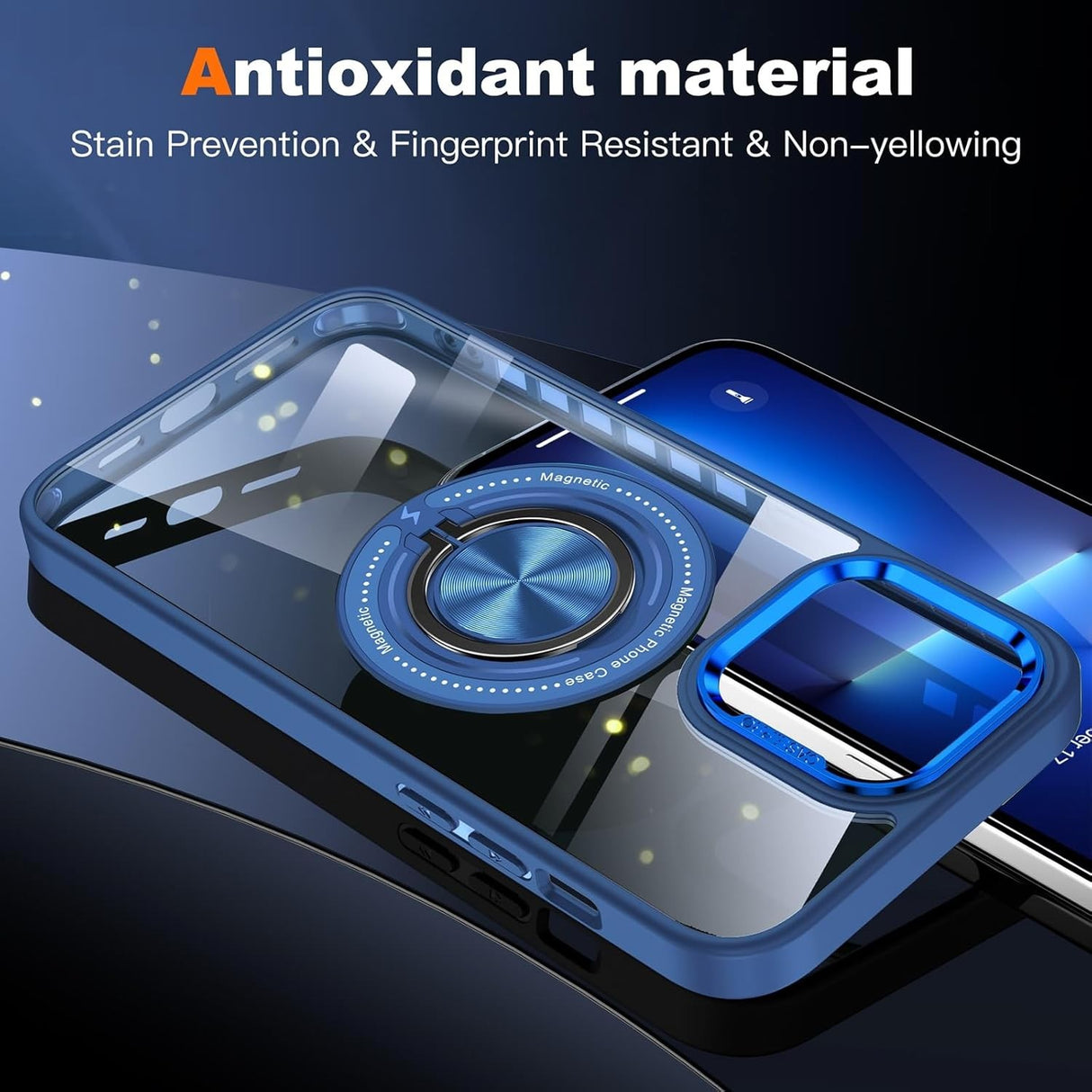 Husa de Protectie TPU, Vivimall, pentru iPhone 16 Pro Max, cu Incarcare Wireless, Tehnologie Magsafe, Inel Magnetic Rotativ cu Functie de Suport, Transparent-Albastru Inchis - vivimall.ro