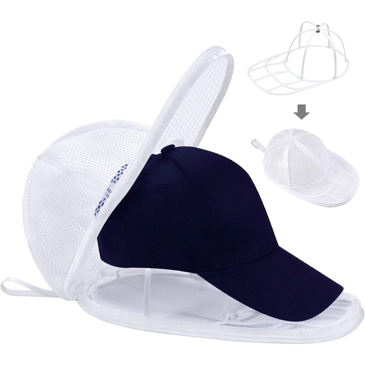 Husa de Spalare Sapca, Vivimall, pentru Masina de Spalat, din Poliester, Circumferinta 53 cm, cu Fermoar, cu Suport Sapca, Alb - vivimall.ro