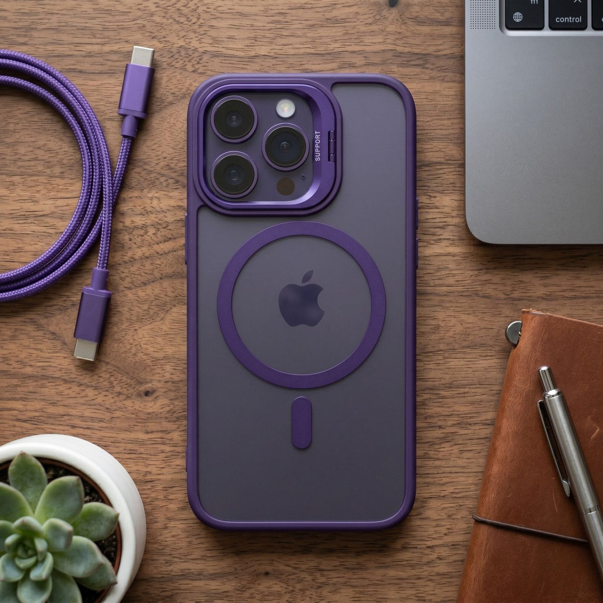 Husă Flippy iPhone 17 Pro MagSafe mov închis montată pe telefon, perspectivă lifestyle, design minimalist