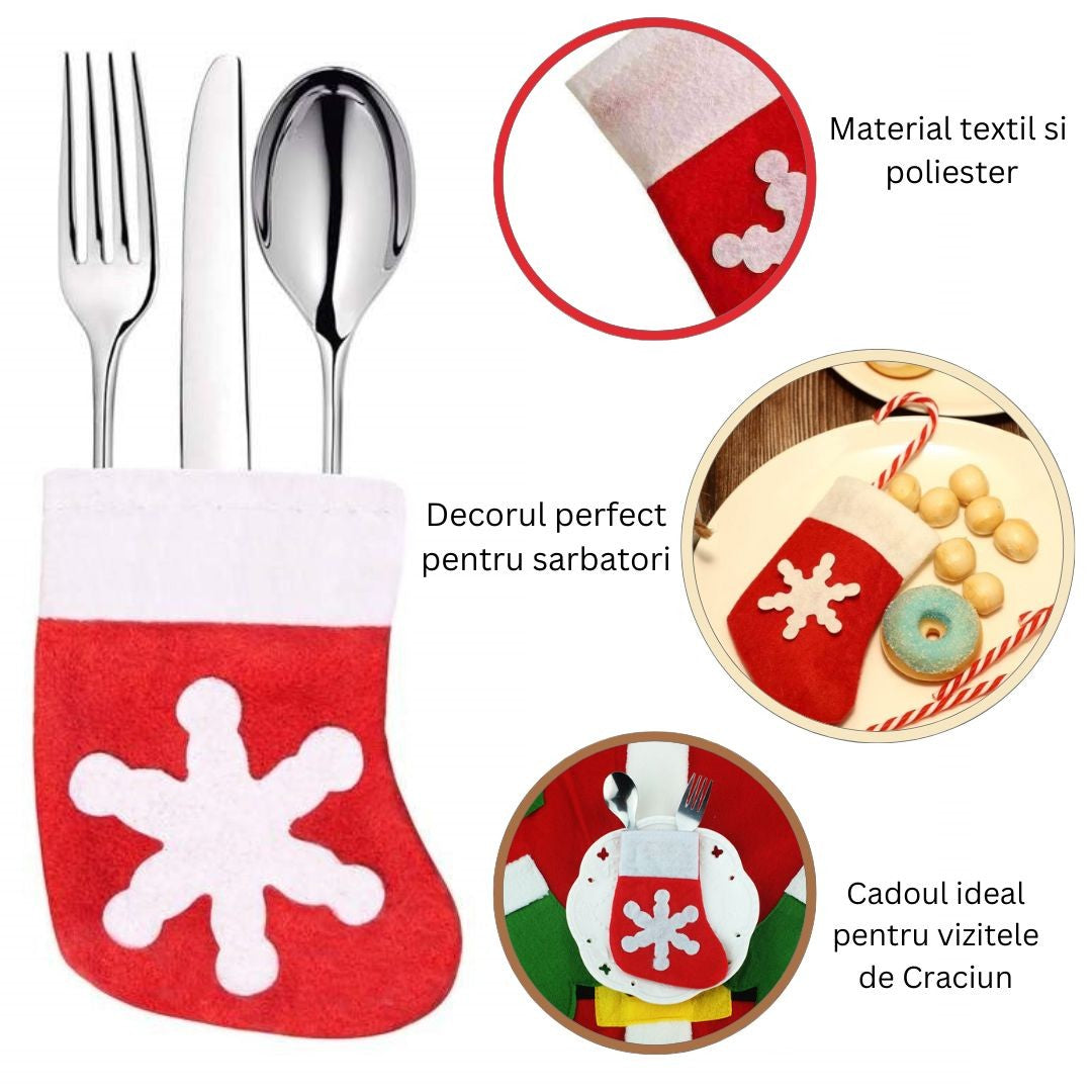 Husa decorativa festiva pentru 3 tacamuri Flippy, model soseata cu fulg, material textil si poliester, 14 x 8 cm, rosu - vivimall.ro