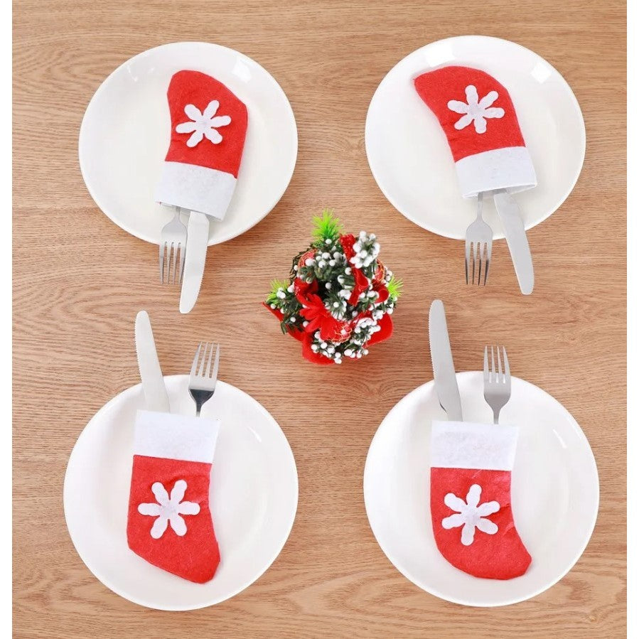 Husa decorativa festiva pentru 3 tacamuri Flippy, model soseata cu fulg, material textil si poliester, 14 x 8 cm, rosu - vivimall.ro