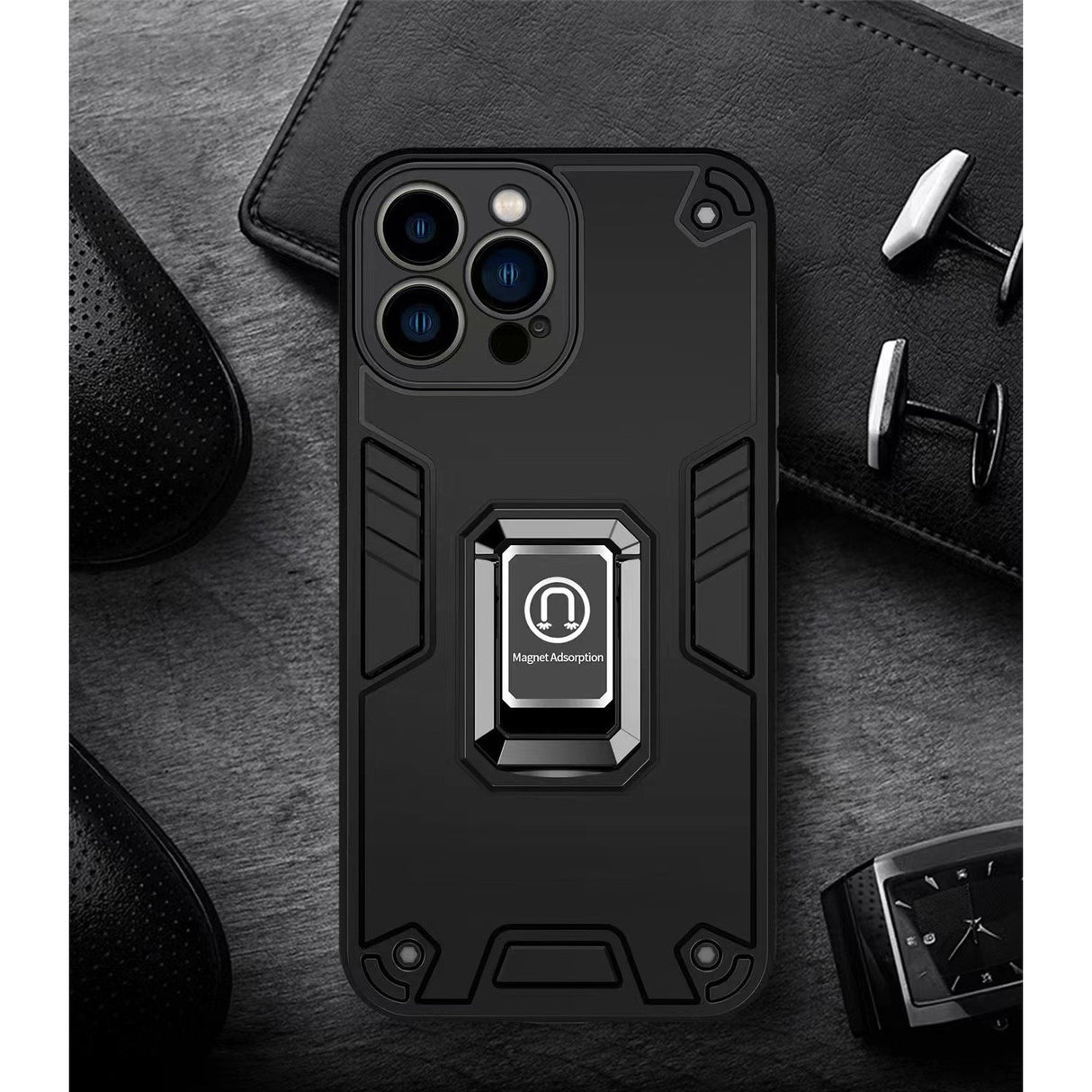 Husa Iron Warriors pentru iPhone 14, Flippy, Hybrid Ring Holder Kickstand, Negru - vivimall.ro