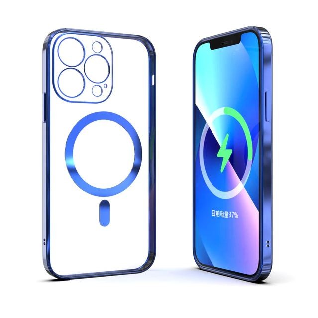 Husa MagSafe pentru Apple iPhone 12, Full Cover, Protectie camera, Margini colorate Electroplating, Magnetica, Incarcare Wireless, Flippy, Albastru - vivimall.ro