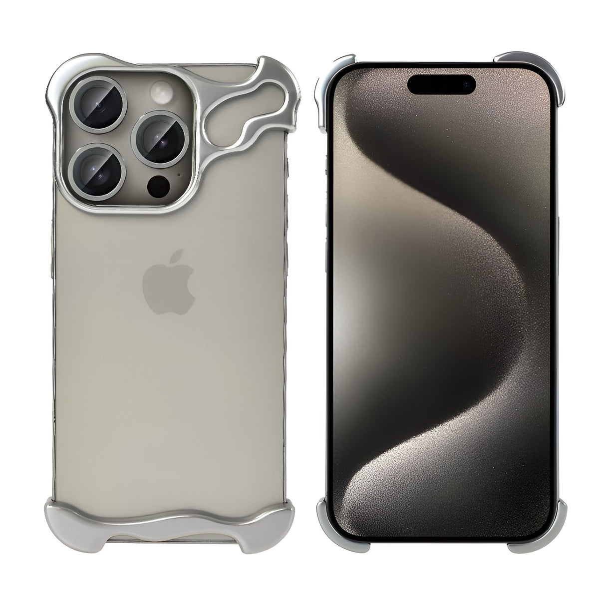 Husa Metalica Compatibila cu iPhone 15 Pro, Protectie pentru Colturile Telefonului si Camera, Lentile pentru Obiective, Aliaj, Antisoc, Antizgariere, Argintiu - vivimall.ro