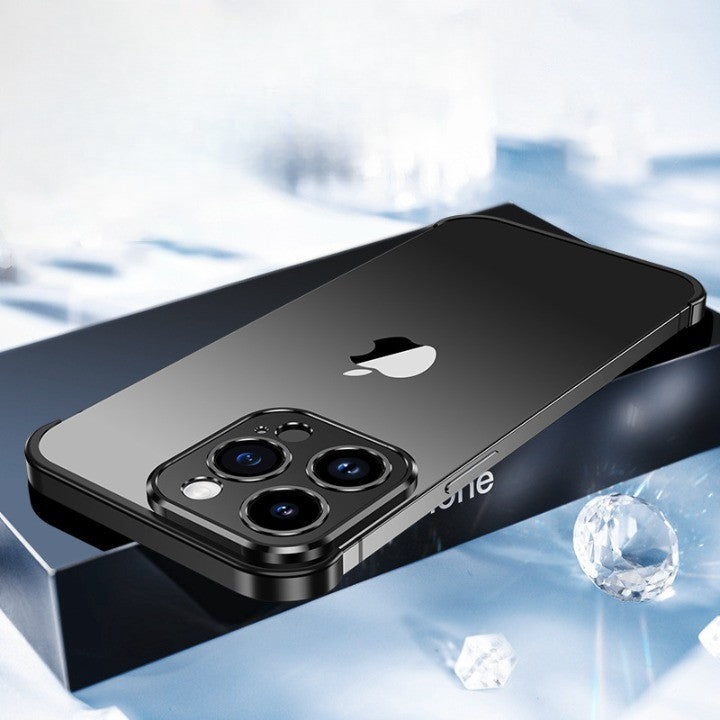 Husa Metalica Edgeless Compatibila cu iPhone 15 Pro, Vivimall, Protectie pentru Colturi si Camera, Aliaj, Antisoc, Antizgariere, Negru Metalizat - vivimall.ro