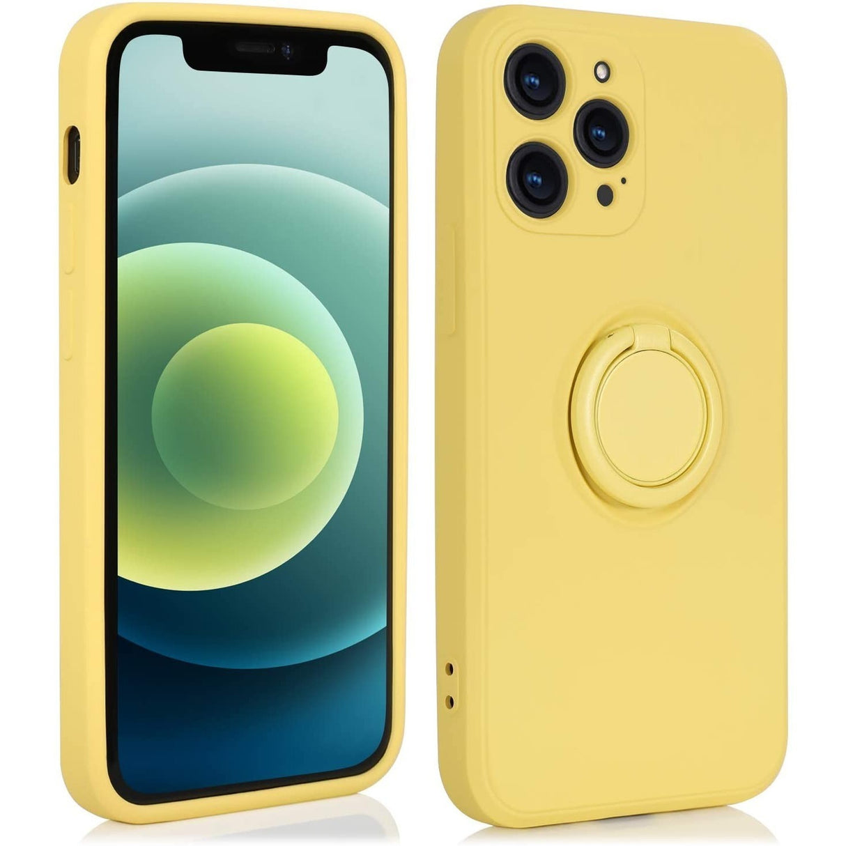 Husa protectie Flippy compatibila cu Apple iPhone 11 Pro Liquid Silicone Ring cu suport rotativ Galben - vivimall.ro