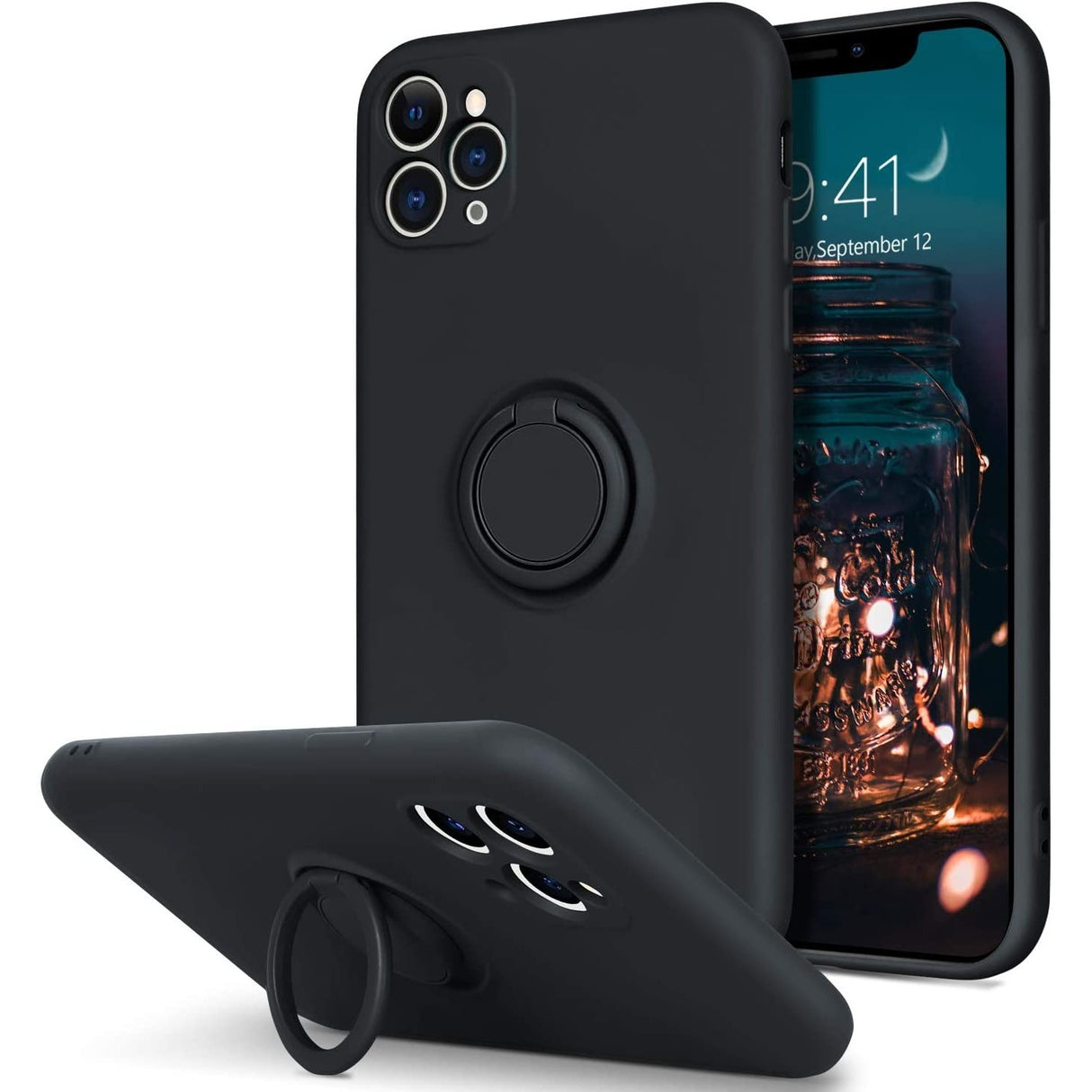 Husa protectie Flippy compatibila cu Apple iPhone 11 Pro Max Liquid Silicone Ring cu suport rotativ Negru - vivimall.ro