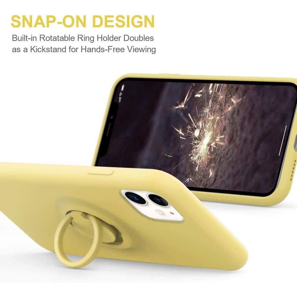 Husa protectie Flippy compatibila cu Apple iPhone 12 Liquid Silicone Ring cu suport rotativ Galben - vivimall.ro