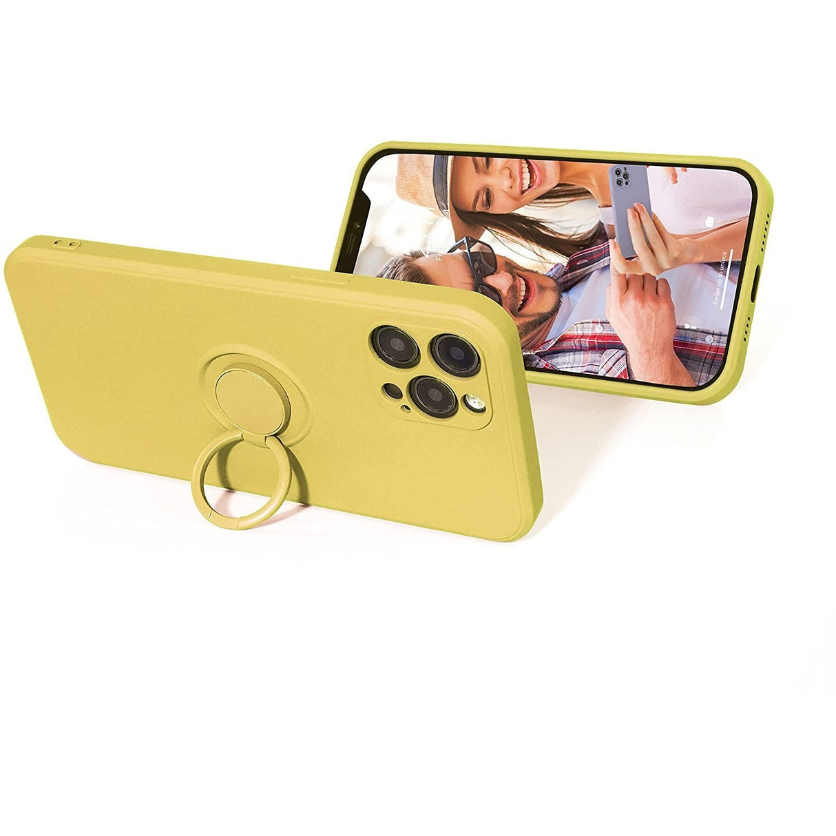 Husa protectie Flippy compatibila cu Apple iPhone 12 Liquid Silicone Ring cu suport rotativ Galben - vivimall.ro