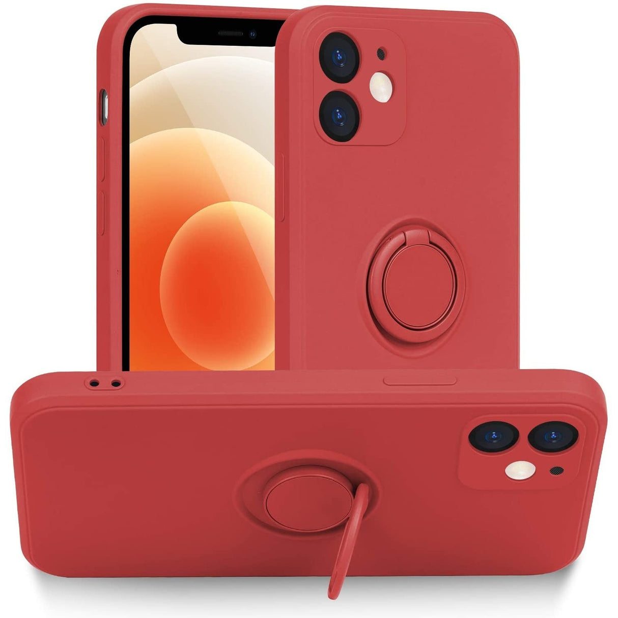 Husa protectie Flippy compatibila cu Apple iPhone 12 Liquid Silicone Ring cu suport rotativ Rosu - vivimall.ro