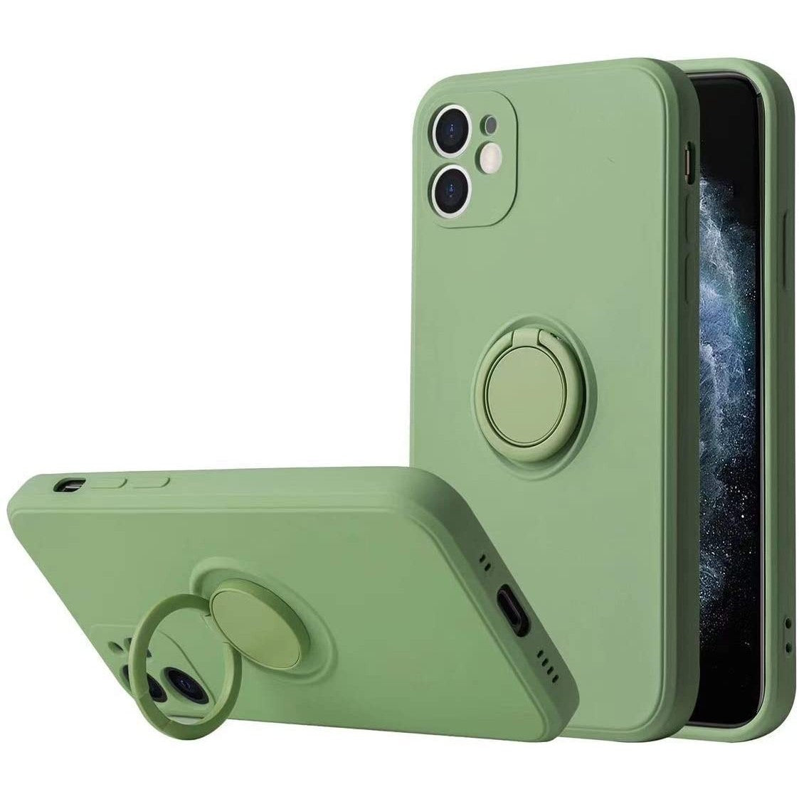 Husa protectie Flippy compatibila cu Apple iPhone 12 Liquid Silicone Ring cu suport rotativ Verde - vivimall.ro