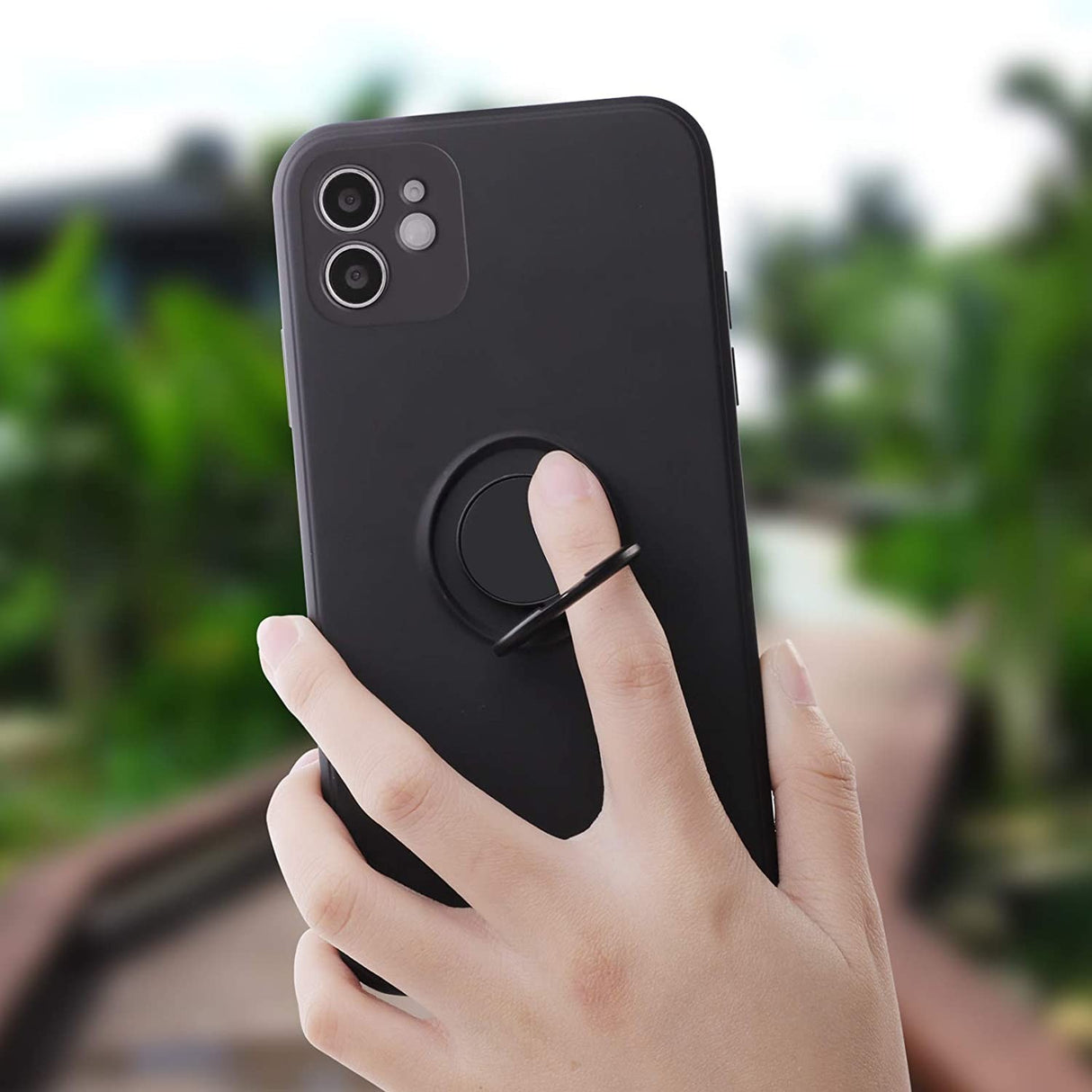 Husa protectie Flippy compatibila cu Apple iPhone 12 Mini Liquid Silicone Ring cu suport rotativ Negru - vivimall.ro