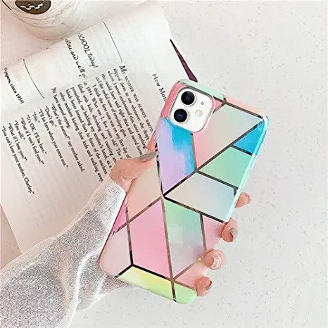 Husă iPhone 12 Mini Marble Geometric roz montată pe telefon, bordură înălțată cameră