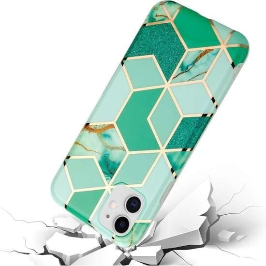 Husă iPhone 12 Mini Marble Geometric verde, detaliu design geometric, finisaj lucios