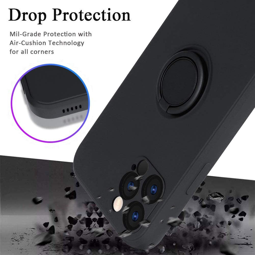 Husa protectie Flippy compatibila cu Apple iPhone 12 Pro Max Liquid Silicone Ring cu suport rotativ Negru - vivimall.ro
