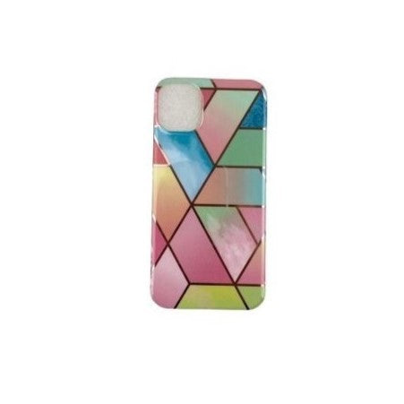 Husă iPhone 12 silicon TPU cu design marble geometric roz, vedere frontală a carcasei