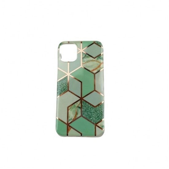 Husă iPhone 12 Marble Geometric verde montată pe telefon, vedere spate și laterale