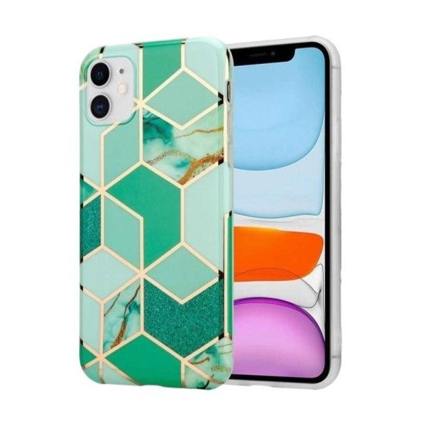 Husă iPhone 12 IMD TPU Marble Geometric verde, vedere frontală, silicon moale 3mm