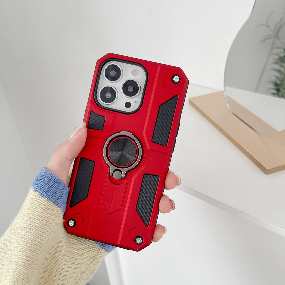 Husa protectie Flippy compatibila cu Apple iPhone 13 Defender Model 5 cu suport prindere inel,Rosu - vivimall.ro