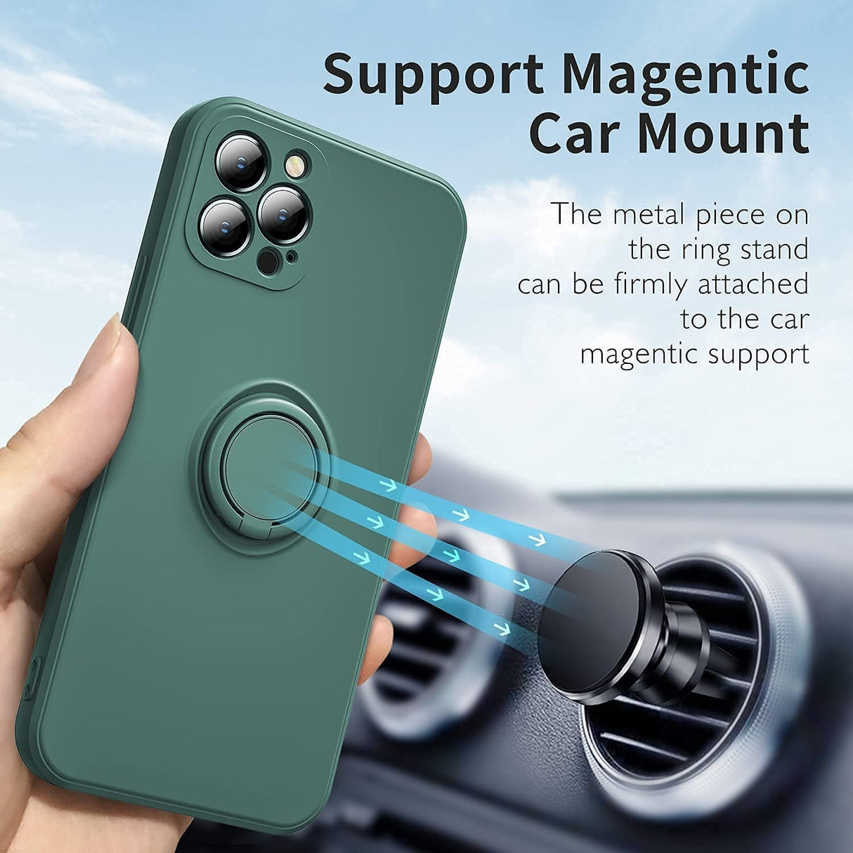 Husa protectie Flippy compatibila cu Apple iPhone 13 Pro Max Liquid Silicone Ring cu suport rotativ Verde - vivimall.ro