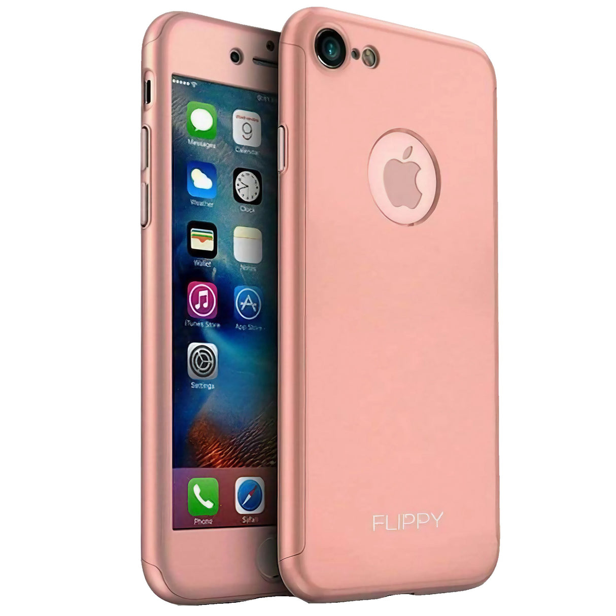Husa protectile Flippy Premium Full Cover 360 pentru Apple iPhone 8, Roz Auriu cu Folie Sticla inclusa - vivimall.ro