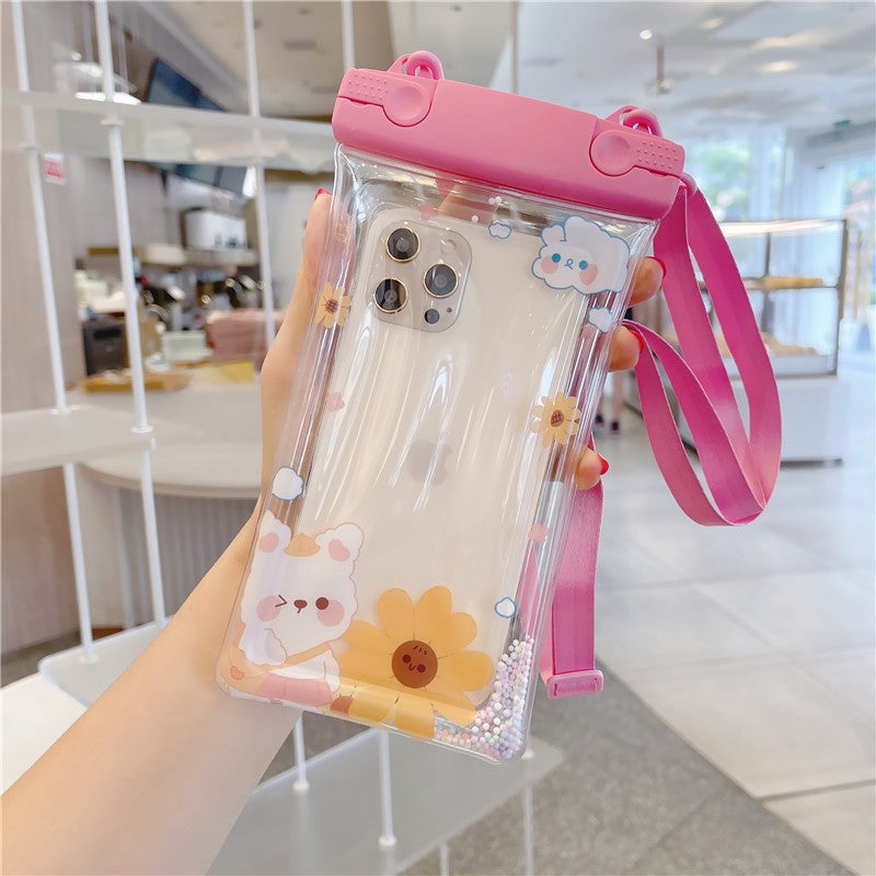 Husa subacvatica Fruity Waterproof Flippy, Snowproof, Universala, Impermeabila, cu Snur, pentru telefon sau documente, Flower Bear, Roz - vivimall.ro