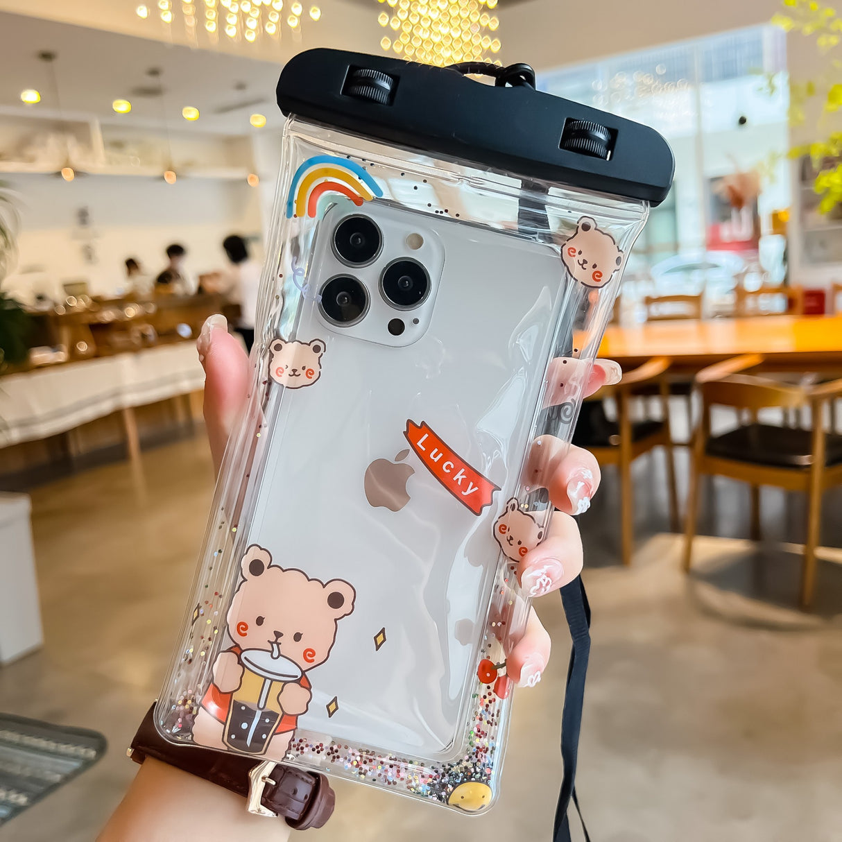 Husa subacvatica Glitter Kids Waterproof Flippy, Snowproof, Universala, cu Snur, pentru telefon sau documente, Lucky Bear, Negru - vivimall.ro