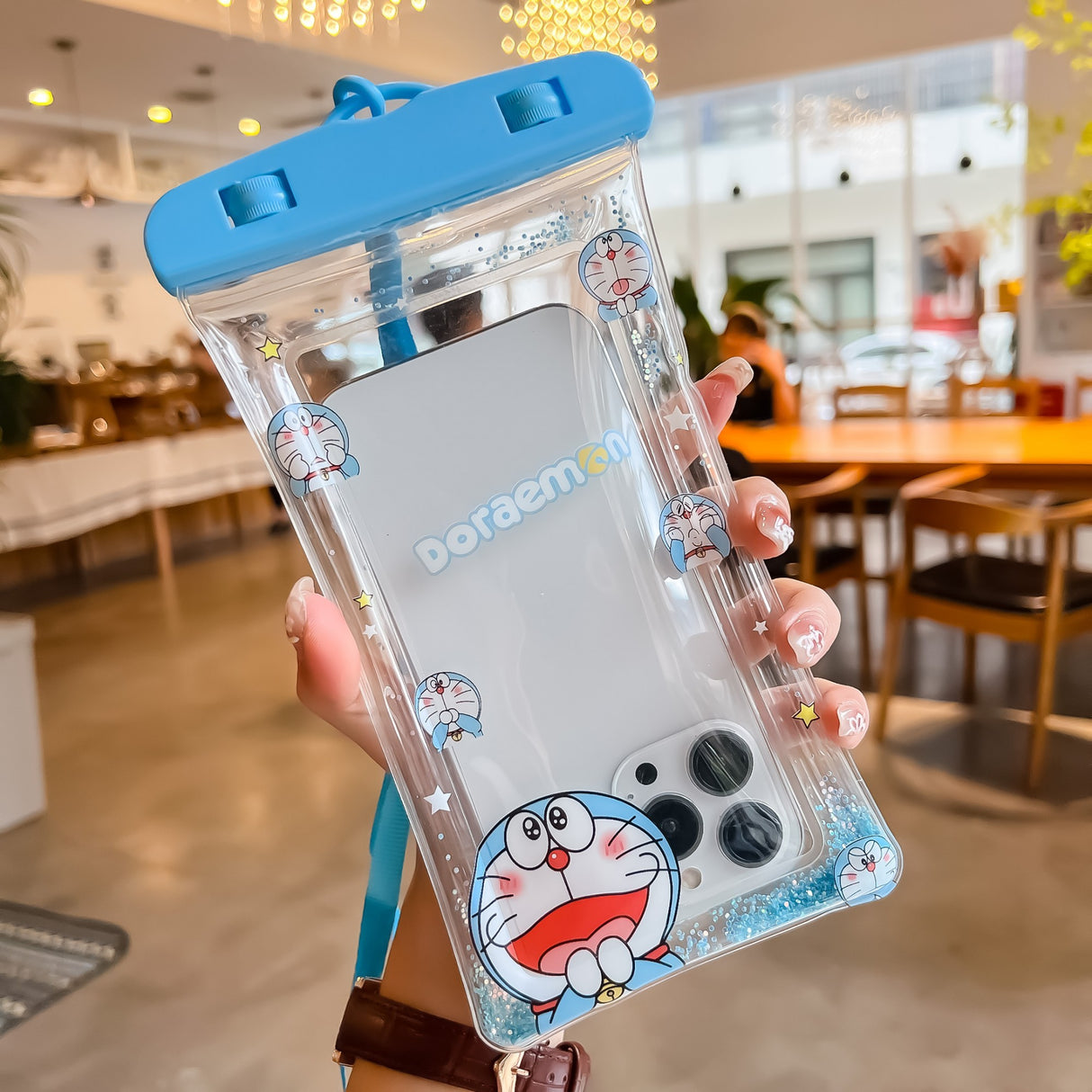 Husa subacvatica Glitter Kids Waterproof Flippy, Snowproof, Universala, cu Snur, pentru telefon sau documente, Cat, Bleu - vivimall.ro