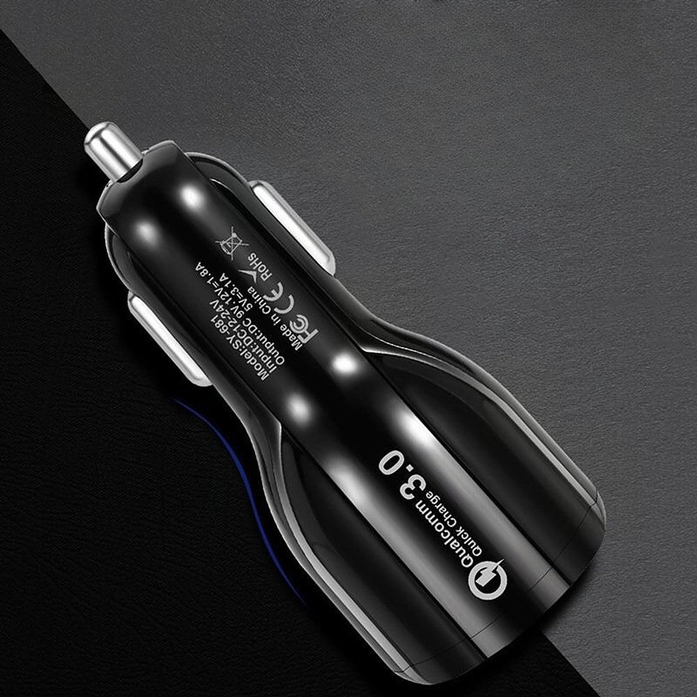 Încărcător auto rapid QC3.0 negru, detaliu port USB și indicator LED, tensiune 12V-24V
