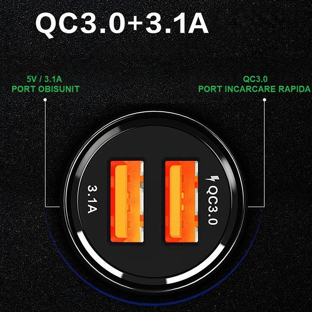 Încărcător auto Bowling QC3.0 montat în priza de brichetă, compatibil autoturisme și camioane