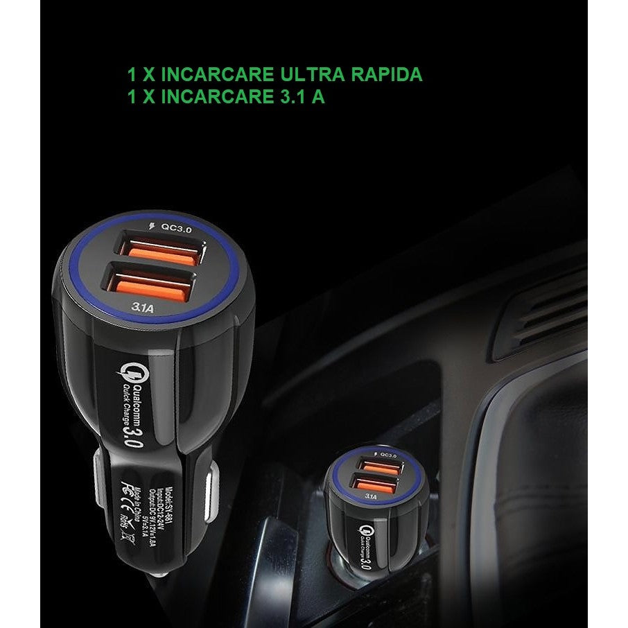 Detaliu material PVC și ABS încărcător auto QC3.0 negru, rezistent la temperaturi până la 60°C