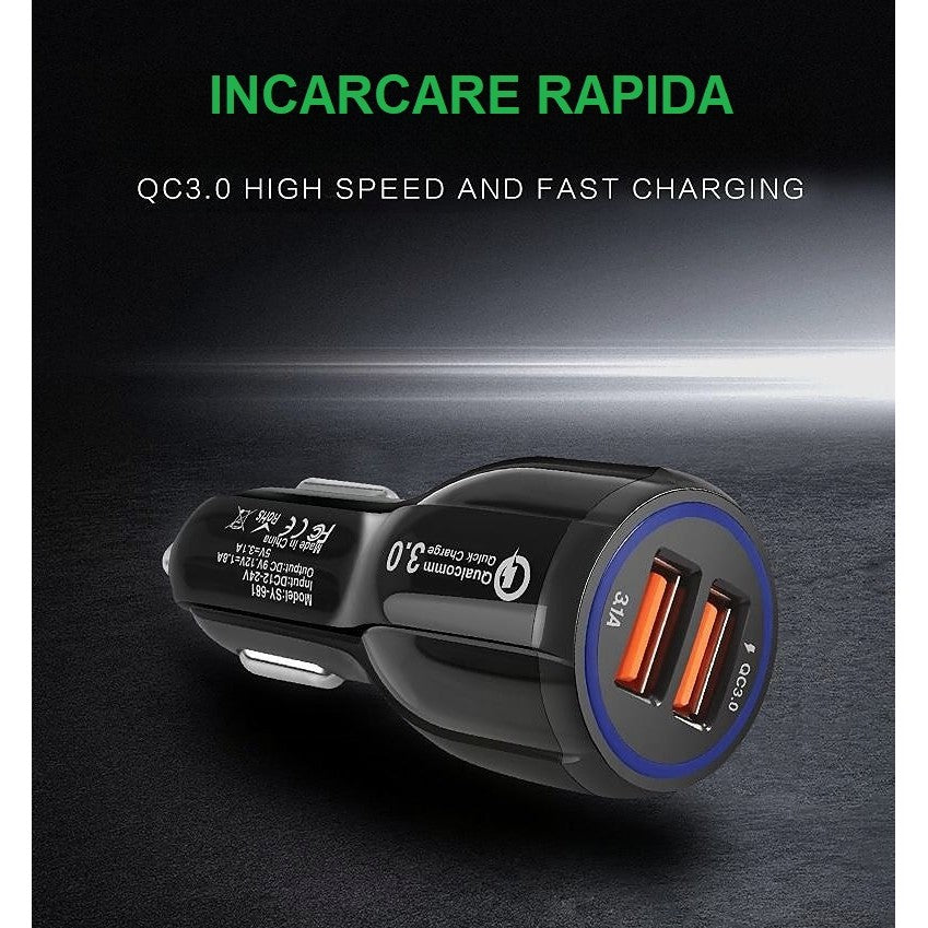 Încărcător auto rapid negru QC3.0 conectat la telefon, vedere laterală, curent ieșire 3100 mA