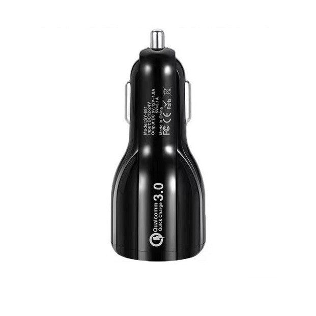 Încărcător auto QC3.0 negru model Bowling, vedere frontală, priză brichetă 12V-24V, port USB