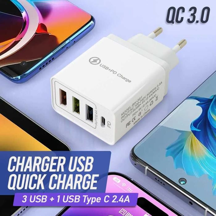 Incarcator Fast Charge pentru Telefon 32W, Vivimall, Incarcator Quick Charge cu 3 Porturi USB-A 3.1A & 1 USB-C, Power Delivery 32W, Cap Standard European, Alb - vivimall.ro