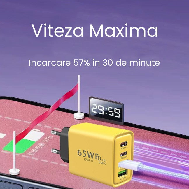 Incarcator Fast Charge pentru Telefon 65W, Vivimall, Incarcator Quick Charge cu 2 Porturi USB-A 3.1A & 2 Porturi USB-C, Power Delivery 65W, Cap Standard European, Galben - vivimall.ro