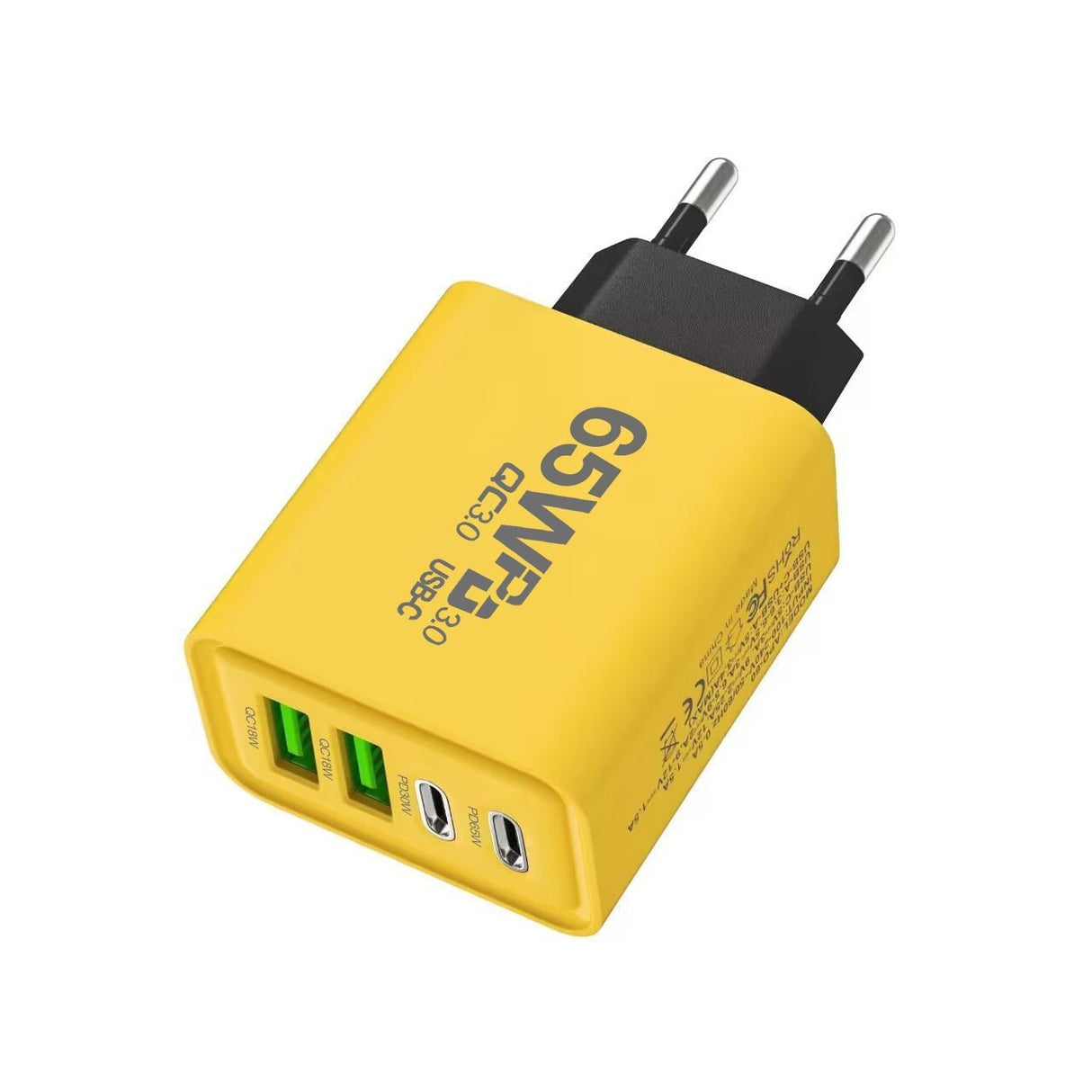 Incarcator Fast Charge pentru Telefon 65W, Vivimall, Incarcator Quick Charge cu 2 Porturi USB-A 3.1A & 2 Porturi USB-C, Power Delivery 65W, Cap Standard European, Galben - vivimall.ro